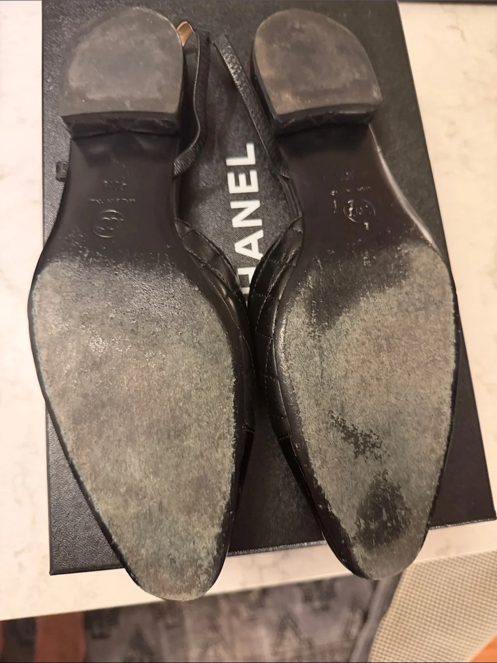 CHANEL Black Quilted Slingback Flats with Patent Leather Toe, sz 40.5
